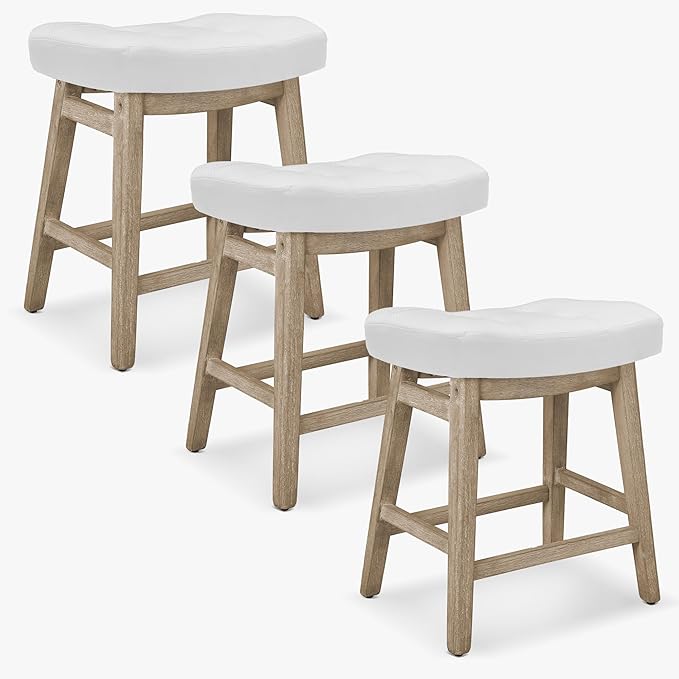 RNKSFX Counter Height Bar Stools Set of 3 for Kitchen Counter, Wooden Backless Island Barstools Farmhouse Modern Short Stools No Back with Faux Leather Saddle Seat 24 inch Counter Top Chairs, White