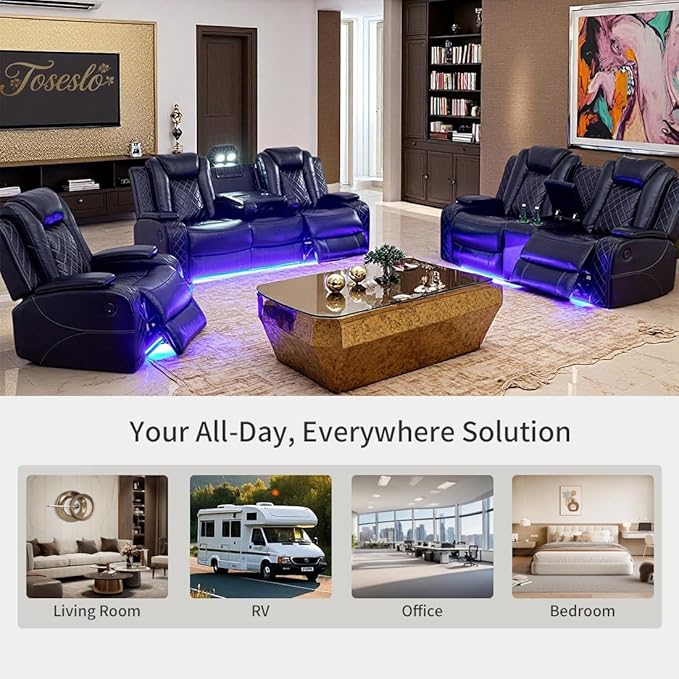 Toseslo Living Room Furniture Sets, Power Recliner Sofa Set with LED Light, Black Leather Sofa and 2 Chairs Set, Modern Power Reclining Sets with Storage Console for House