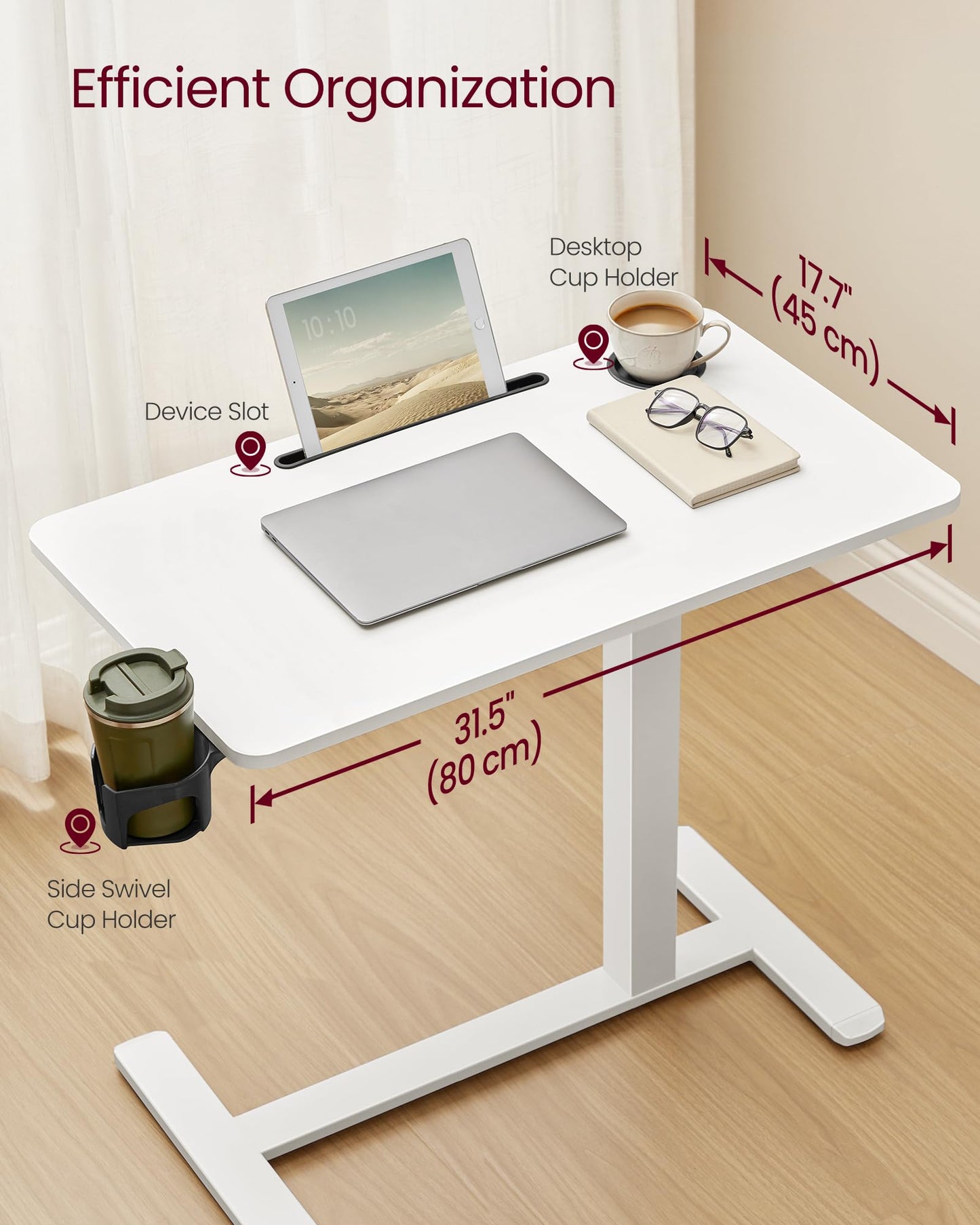 VASAGLE Overbed Table with Wheels, Mobile Standing Computer Desk, 31.5 x 17.7 Inches Tabletop, Adjustable Height, 2 Cup Holders, Phone and Tablet Slot, Cloud White ULSD601W01
