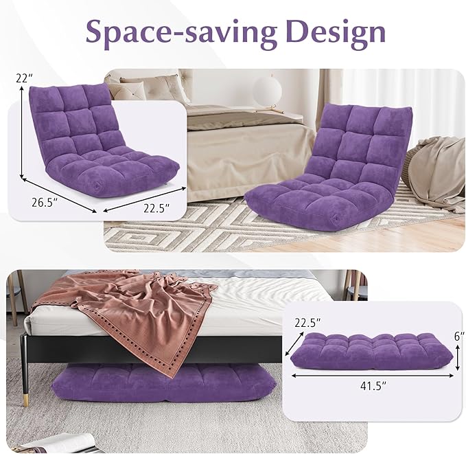 Folding Floor Chair w/Back Support, 14-Position Adjustable Lazy Sofa Chair w/Coral Velvet Fabric & Alloy Steel Frame, Portable Meditation Chair for Reading, Gaming,Sleeping (Purple)
