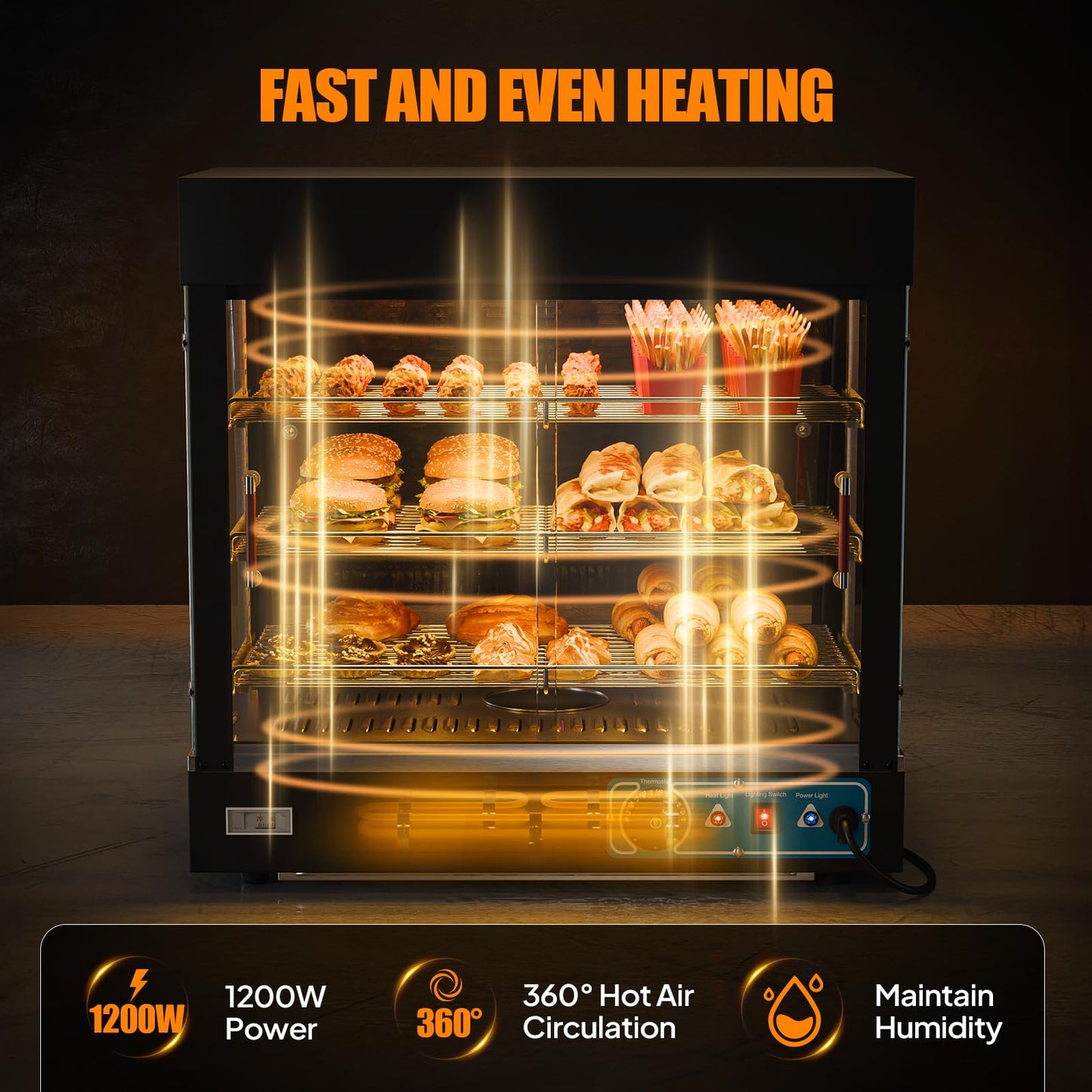 ROVSUN 26" Commercial Food Warmer Display Pizza Warmer, 3-Tier Electric Countertop Food Warmer w/LED Lighting, Adjustable Removable Shelves & Glass Door, Pretzel Warmer for Buffet Restaurant 1200W