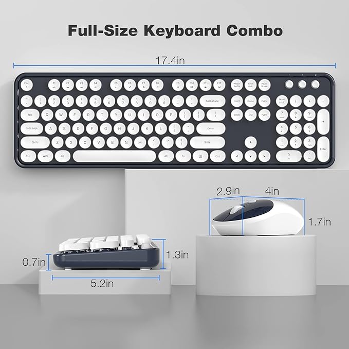 Wireless Keyboard and Mouse Combo, 104 Keys Full-Sized Typewriter Keyboards and Retro Mouse, 2.4 GHz USB Receiver Plug and Play, for Windows 7 8 10, PC, Laptop, Desktop (Dark Blue)