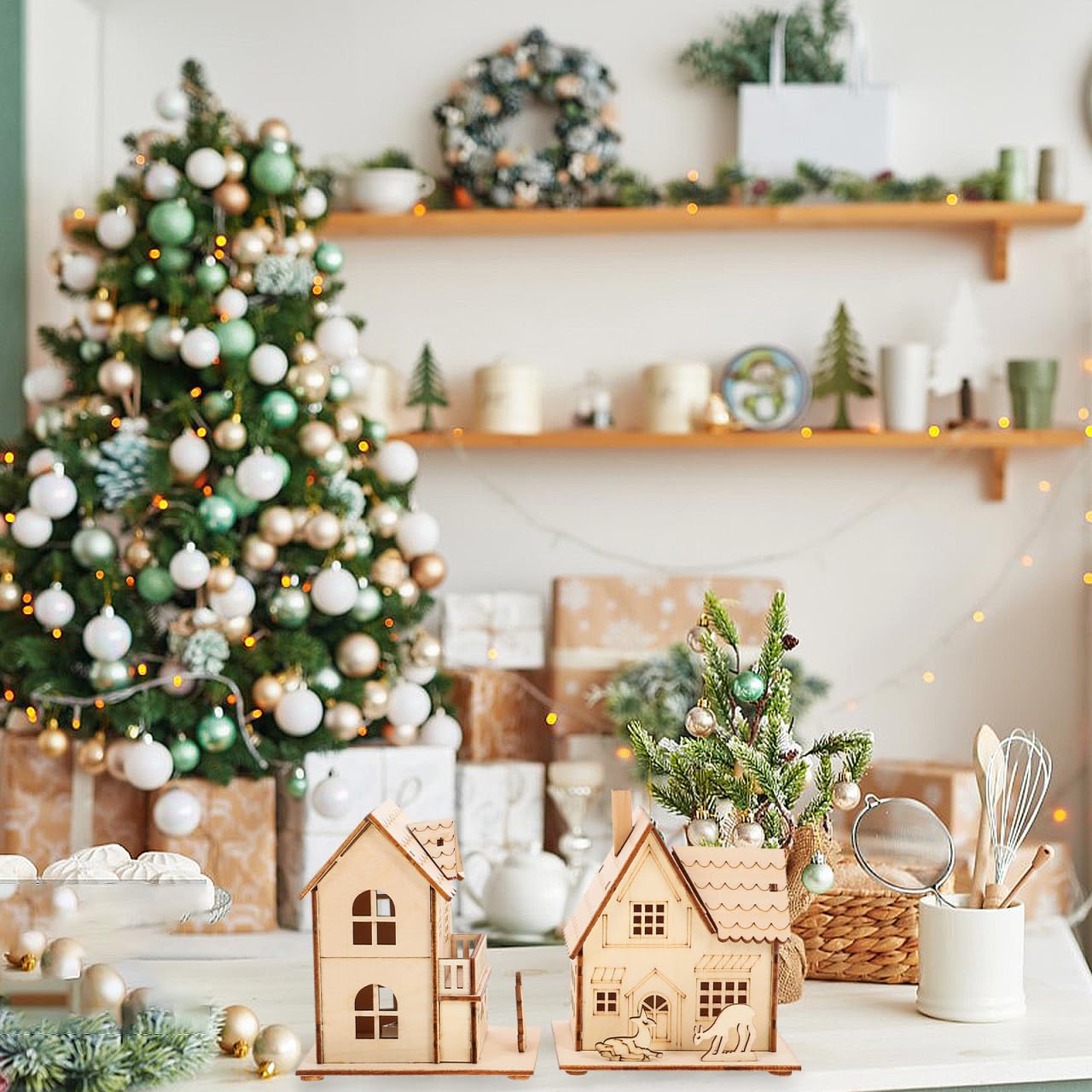 Toyvian 3pcs Christmas Led Light Wooden House with Battery, Unfinished Wooden Christmas Village Mini Houses House Landscape Decors for Christmas Table Centerpieces Holiday Home Decor