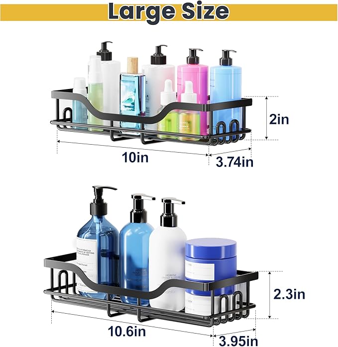 OMAIRA 3-Pack Shower Caddy with Soap Holder, Adhesive Rustproof No-drill Strudy Loading Inside Shower Organizer Shelves Rack Storage Bathroom Organization for Smooth Wall Glass Tile, Black (Large)