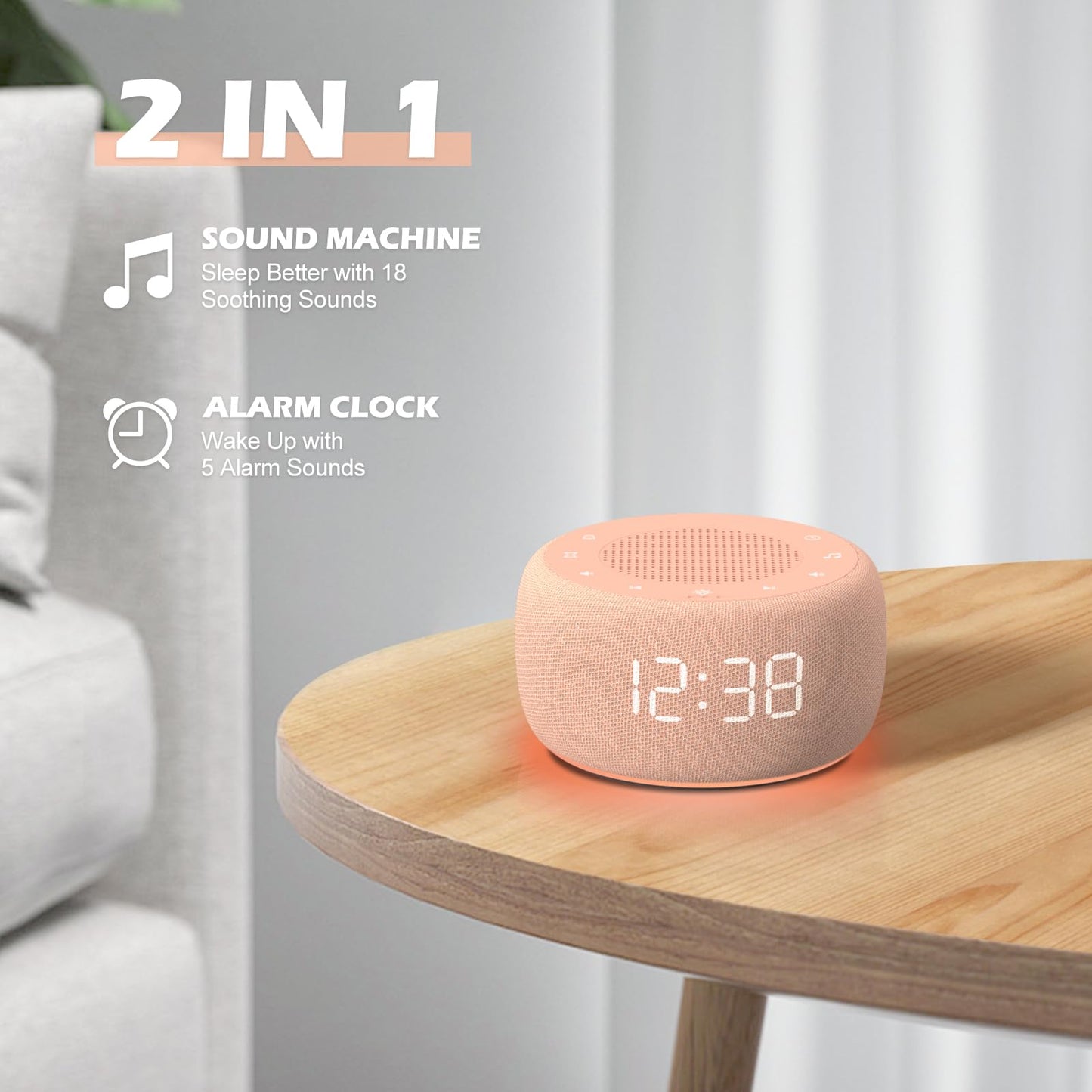 Buffbee Sound Machine & Alarm Clock 2-in-1, 0-100% Clock Face Brightness, Bottom Colored Light, Sleep Timer, Precise 30-Level Volume White Noise Machine, Digital Alarm Clocks for Bedrooms - Peach