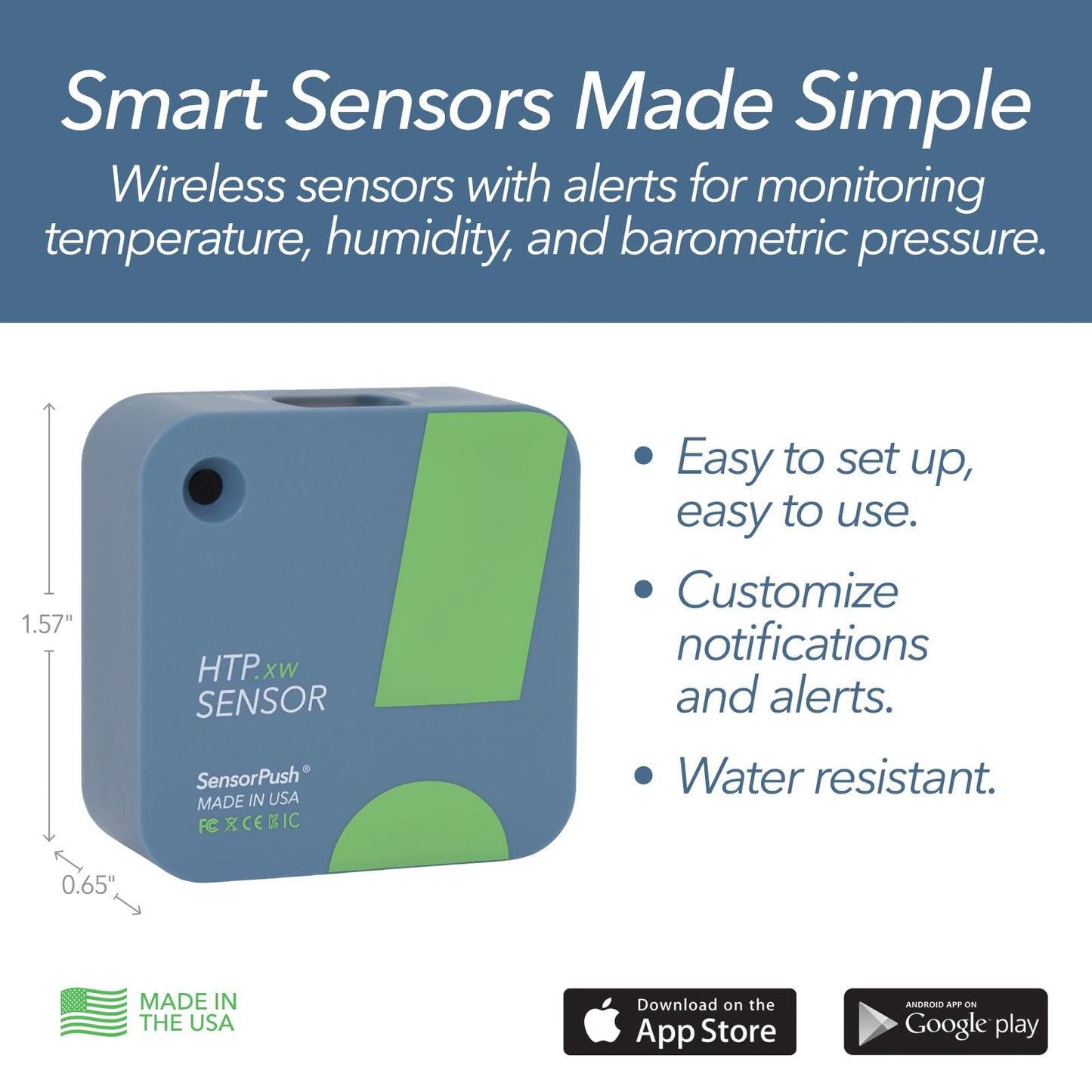 SensorPush HTP.xw Smart Temperature Sensor & Humidity Sensor - Thermometer, Barometer, & Hygrometer w/App Monitoring - Premium Heat Index, Barometric Pressure Gauge, Temperature and Humidity Monitor
