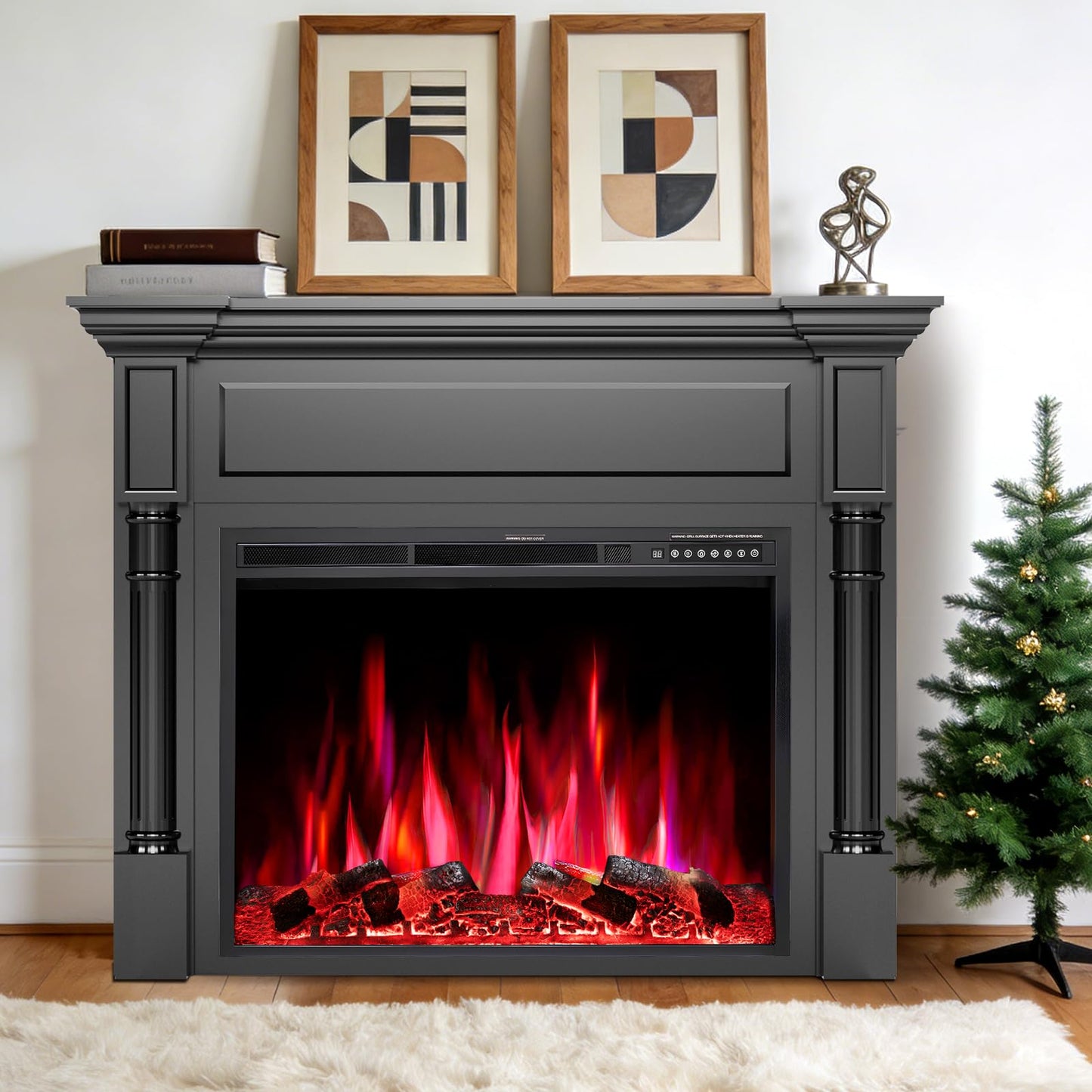 55in Electric Fireplace with Mantel, TV Stand with Freestanding Electric Fireplace, Remote Control, 12 Color Adjustable Flame, 1-8H Timer, 750W/1500W Black