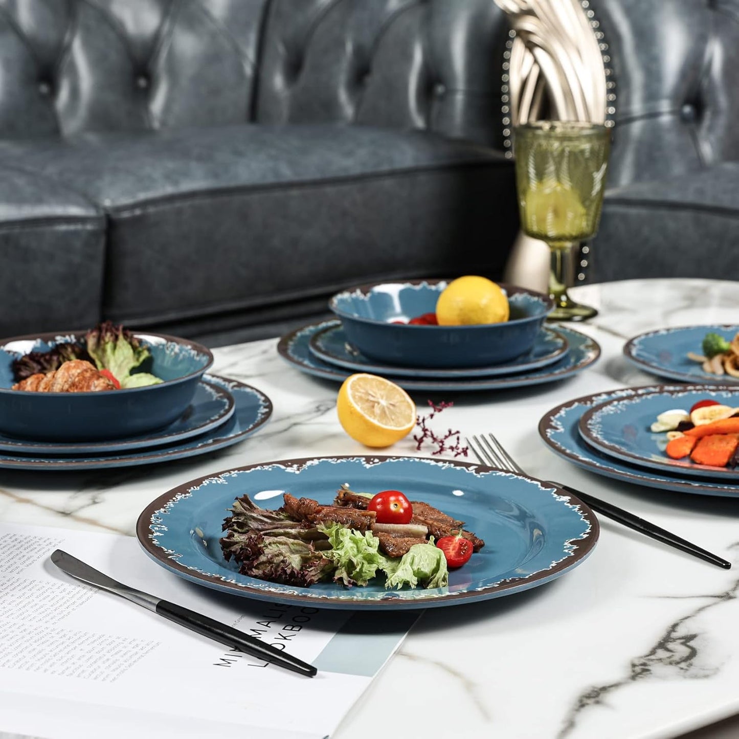 Melamine Dinnerware Set - Yinshine 12-Piece Dishes Set,Shatterproof Plates and Bowls Sets, Lightweight,Unbreakable,Dishwasher Safe,Blue