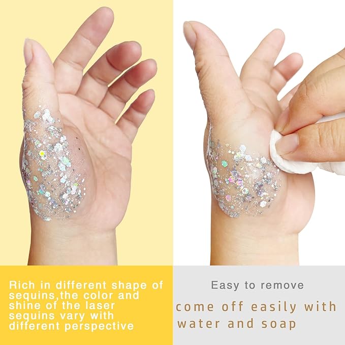 MEICOLY Black and Clear White Face Body Glitter Set,Mermaid Face Glitter Gel,Singer Concerts Festival Rave Accessories,Chunky Sequins Glitter Face Paint for Women and Kids,Sparkling Glitter Makeup