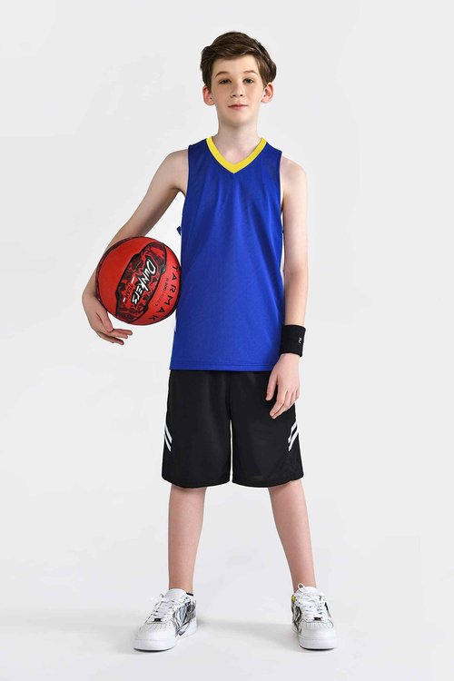 10 Pack Youth Boys Reversible Mesh Performance Athletic Basketball Jerseys Blank Team Uniforms for Sports Scrimmage Bulk (Blue/Yellow, Youth M)