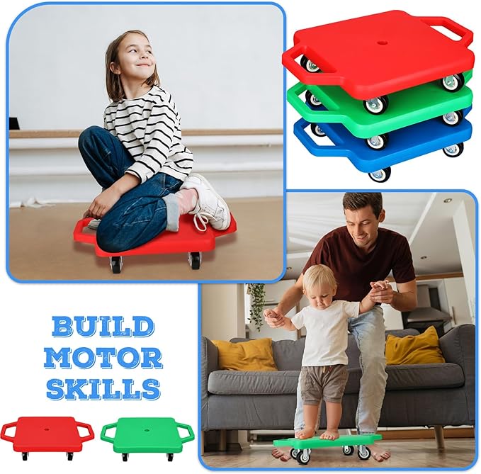 Jerify 3 Pieces Sports Scooter Board Bulk with Handles Gym Floor Scooter for Kids Children Plastic Roller Floor Sitting Board Indoor Outdoor Activities Play Equipment, 11 x 11 inch