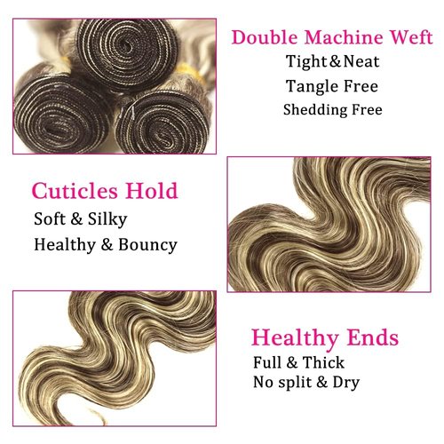P4/613 Human Hair Ombre Body Wave Bundles - Brazilian Virgin Hair 16-20 Inch, Two Tone Color #4 Mixed With 613 Body Wave Bundles