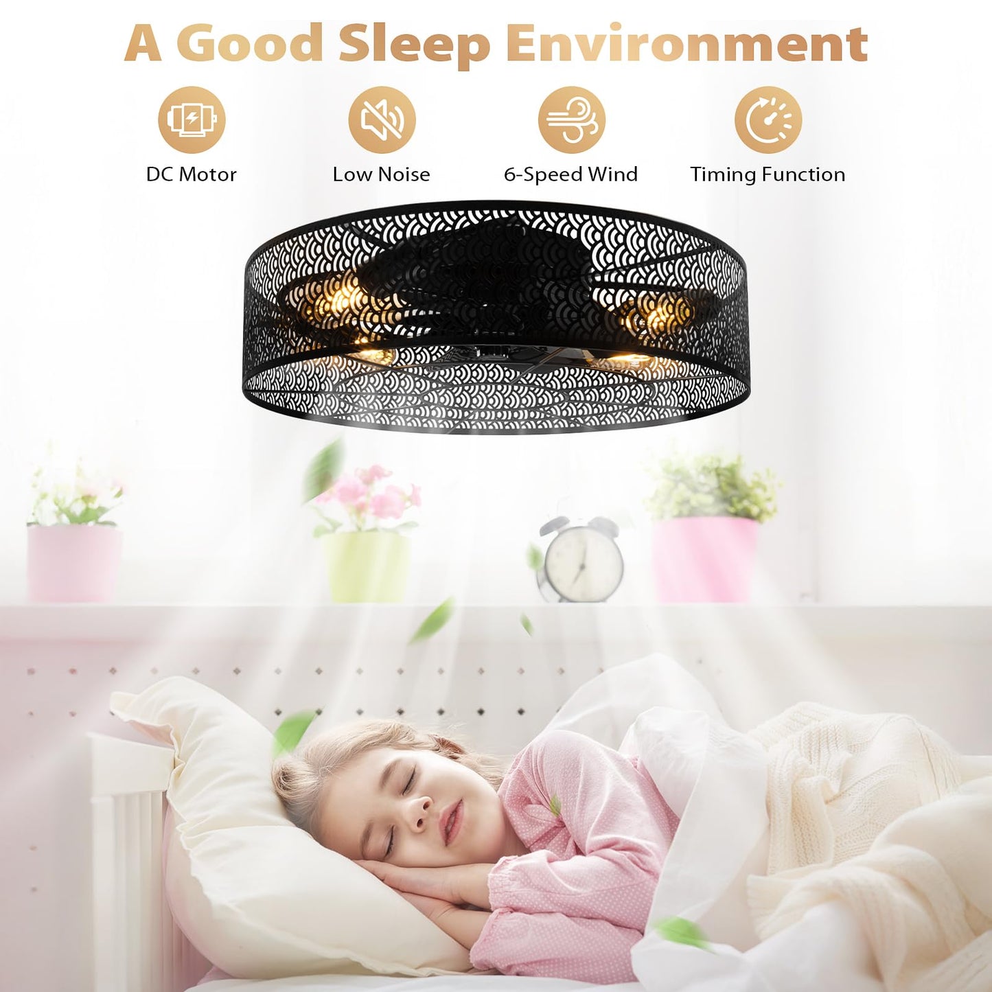 Vookea 2-In-1 Low Profile Ceiling Fan With Light, 20 Caged Metal Safety Design For Kids - 3000K, Smart App/Remote Control, Qu