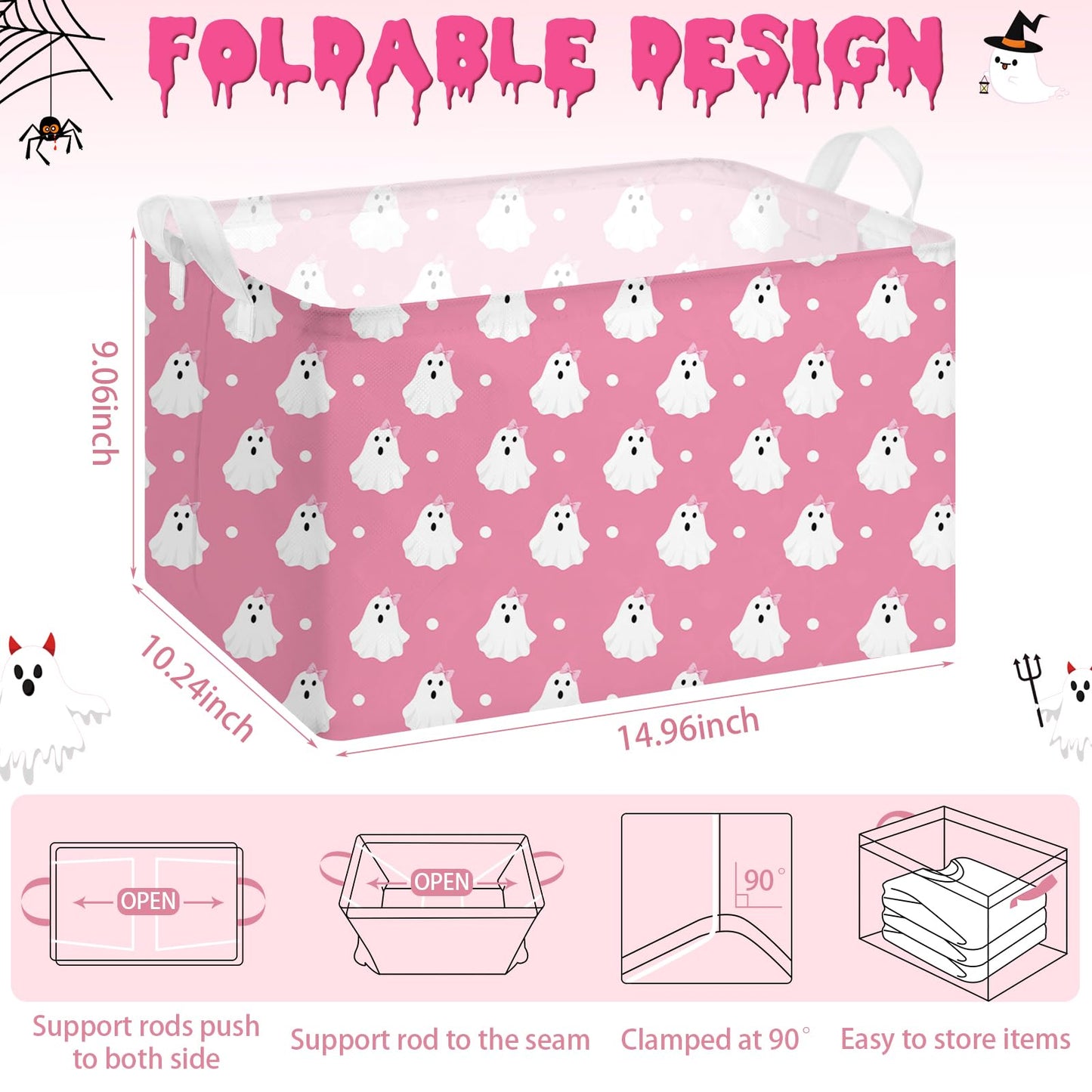 Chunful 4 Pcs Halloween Storage Baskets Pink Ghost Laundry Baskets Pink Hamper Foldable Storage Bins with Handle Collapsible Organizer for Home Closet Office Bedroom