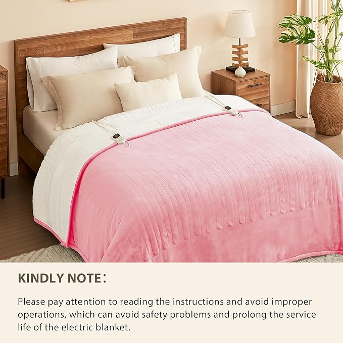 Homemate Electric Heated Blanket Twin - 62"x84" Heating Bed Blankets Throw with 10 Heating Levels 8 Hours Auto Off Fast Heating Over-Heated Protection Ultra Soft Warm Flannel ETL Certified Pink