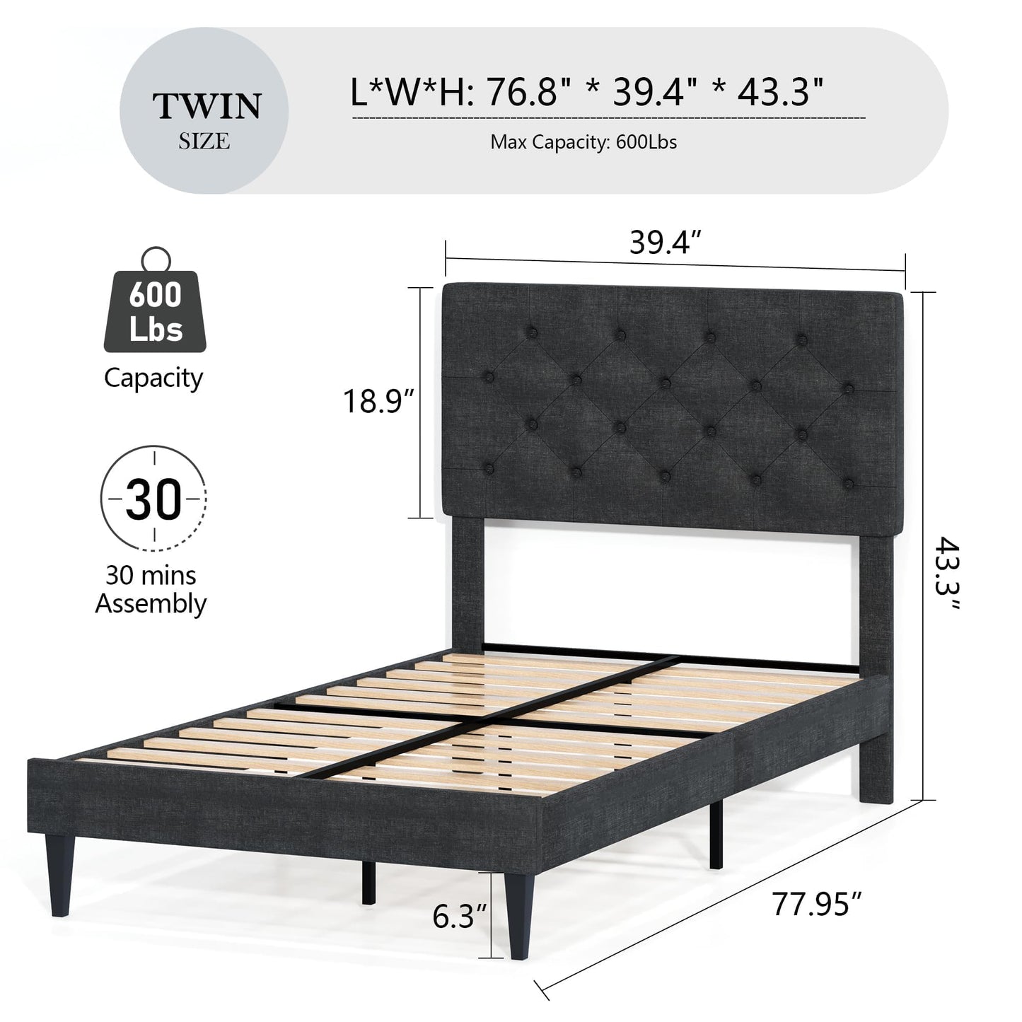 Twin Bed Frame, Upholstered Platform Bed with Button Tufted Headboard, Fabric Bed Frame with Wooden Slats Support, No Box Spring Required, Easy Assembly, Dark Grey