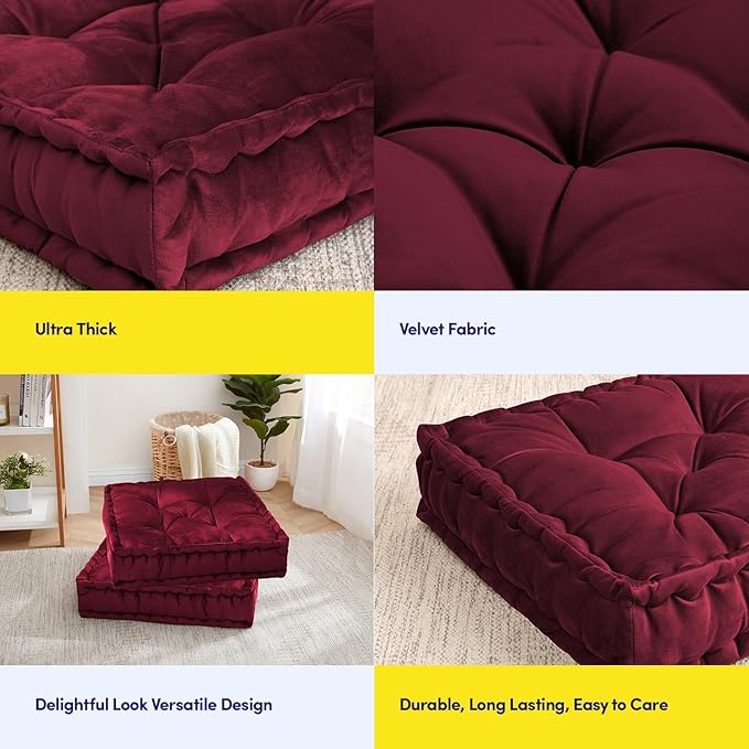 Floor Pillow Large Square Tufted Decorative Cushion 20" x 20" Faux Velvet Fabric Ultra Thick Fill for Kids and Adults, 2 Pack, Burgundy Red