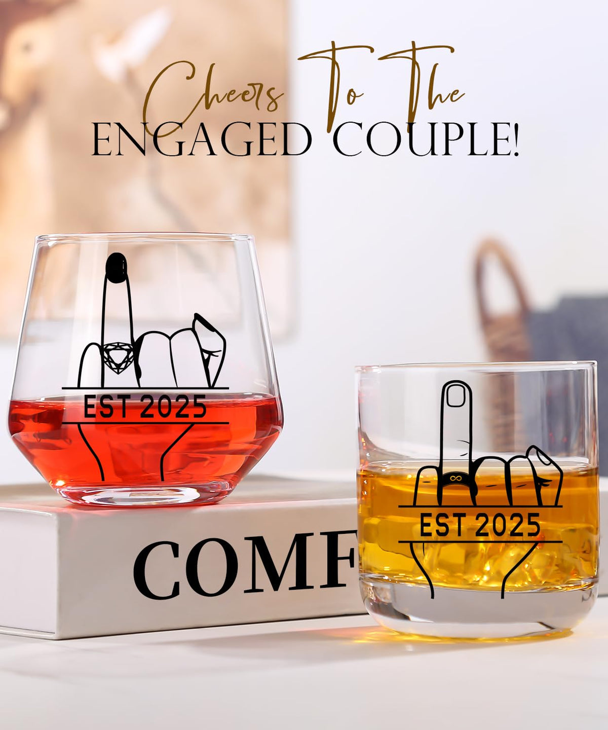 comfit Engagement Gifts for Couples 2025 - Bridal Shower Gift - Wedding Gifts for Couples, His and Hers, Newlywed - Wine&Whiskey Glass for Mr and Mrs