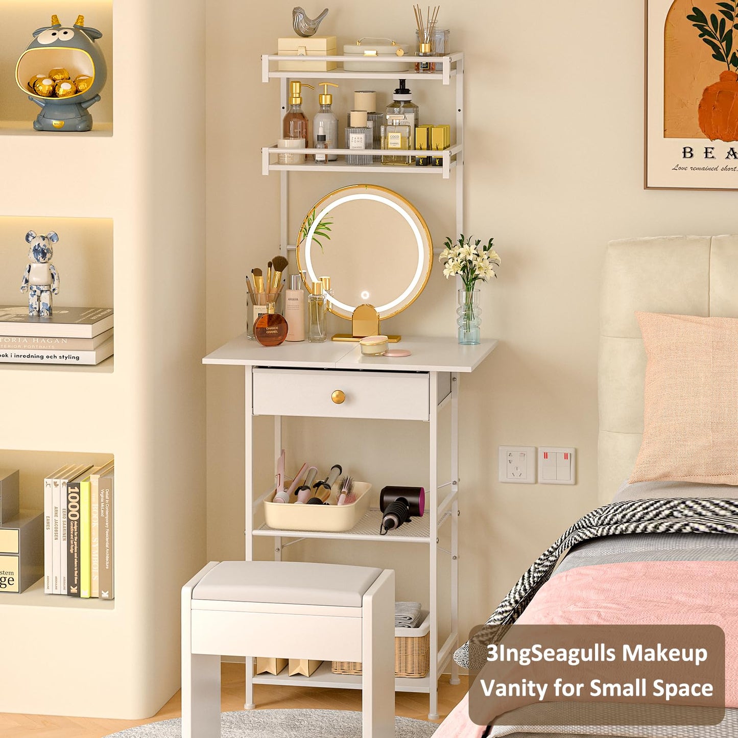 3IngSeagulls Small Vanity Desk Without Mirror, Makeup Vanity Table for Small Space, Compact White Dressing Table with Fabric Drawers, Makeup Vanity with Storage for Bedroom, White, 23.6in(W)