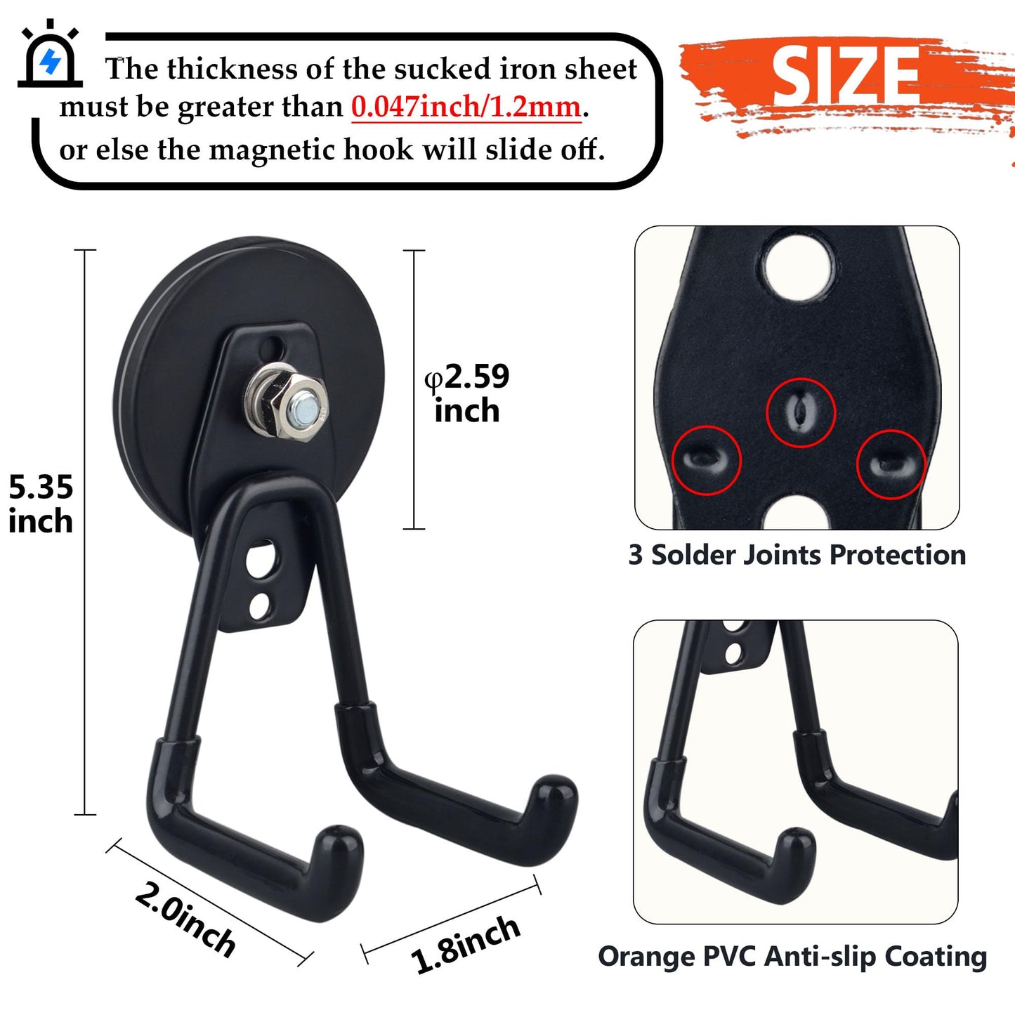 ULIBERMAGNET Large Magnetic Hooks,Strong Heavy Duty Magnet Hooks for Power Drill,Broom,Garden Tools,Pegboard,Garage,Workshop,Hardware, 2 Pack Magnet Storage Holder for Indoor Outdoor Hanging(Black)