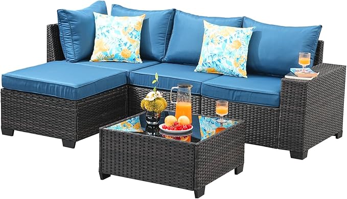 SunloungeCo 5 Pieces Outdoor Patio Furniture Set, Wicker Conversation Sets with Tea Table, Rattan Patio Sofa with Thick Cushions for Garden, Backyard, Poolside, Party, Peacock