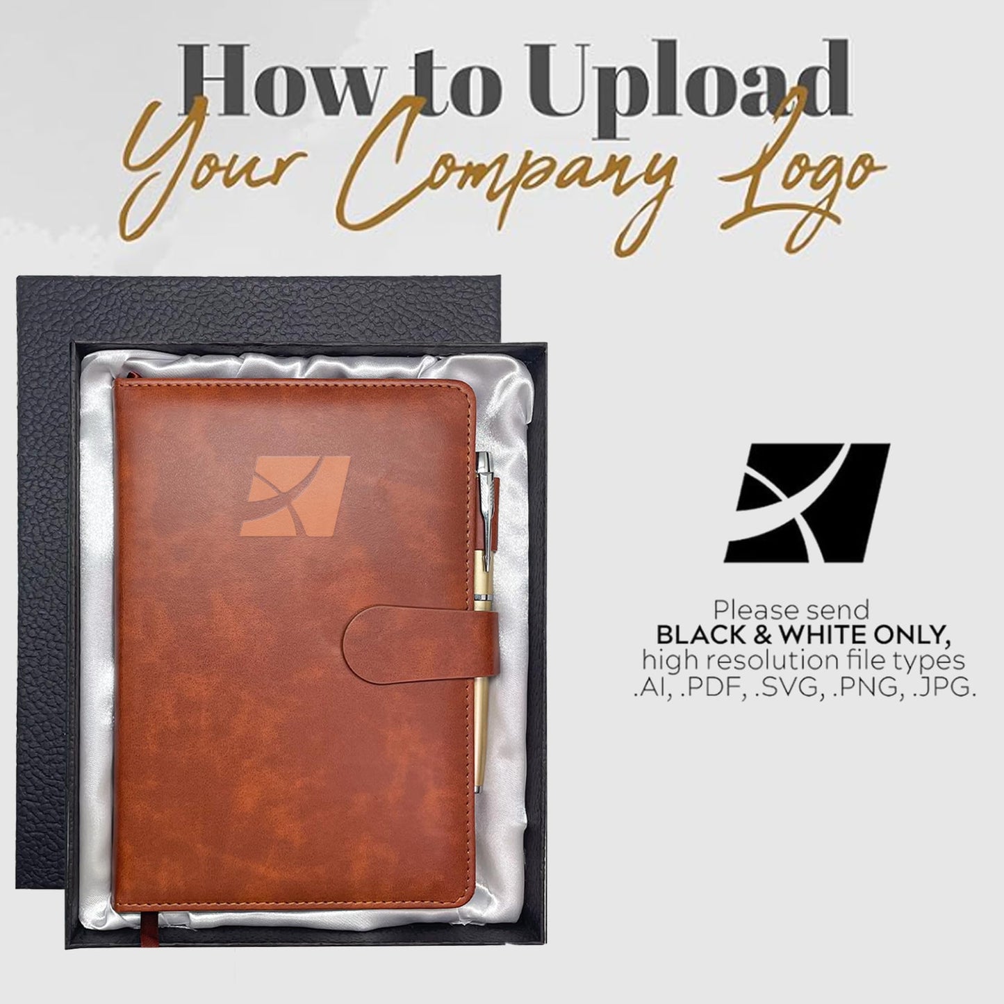 Personalized Notebook with Pen and Gift Box, Custom Logo Leather Journal, Gifts for Women Men, Engraved Journals To Write In, Birthday, Best Friend, Mom, Sister, Corporate, Business Gift (Logo-Brown)