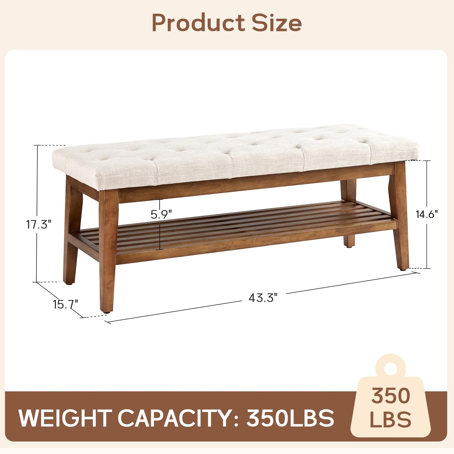 HUIMO Entryway Shoe Bench, End of Bed Bench,Upholstered Button-Tufted Bench for Kitchen, Fabric Ottoman Bench for Living Room, Padded Bench with Solid Wood Shelf Beige