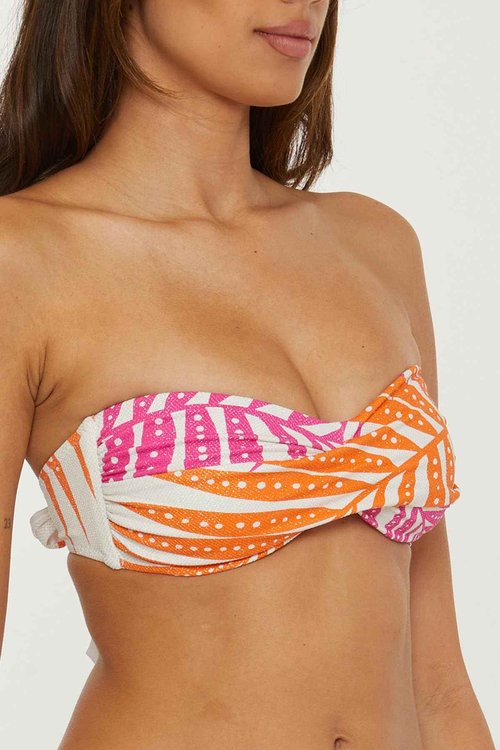 Trina Turk Women's Standard Sheer Bandeau Bikini Top, Adjustable, Tie Back, Tropical Palm Leaf Print, Swimwear Separates, Multicolor
