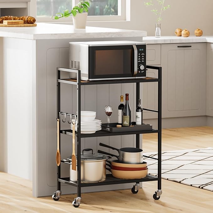 XIVIRACK 3-Tier Metal Storage Rack with Industrial Wheels,Mesh Shelving Unit with Wooden Table top,Adjustable Shelf,23.6-Inch Width,for Kitchen,Laundry,Pantry,Plant,Black