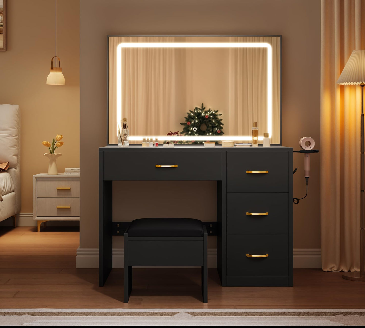 YITAHOME Vanity Desk with Large 35" Mirror and LED Lights, Makeup Vanity Set with 4 Drawers and Stool, Ample Storage & Power Strip, Brightness Adjustable, Dressing Table, Black