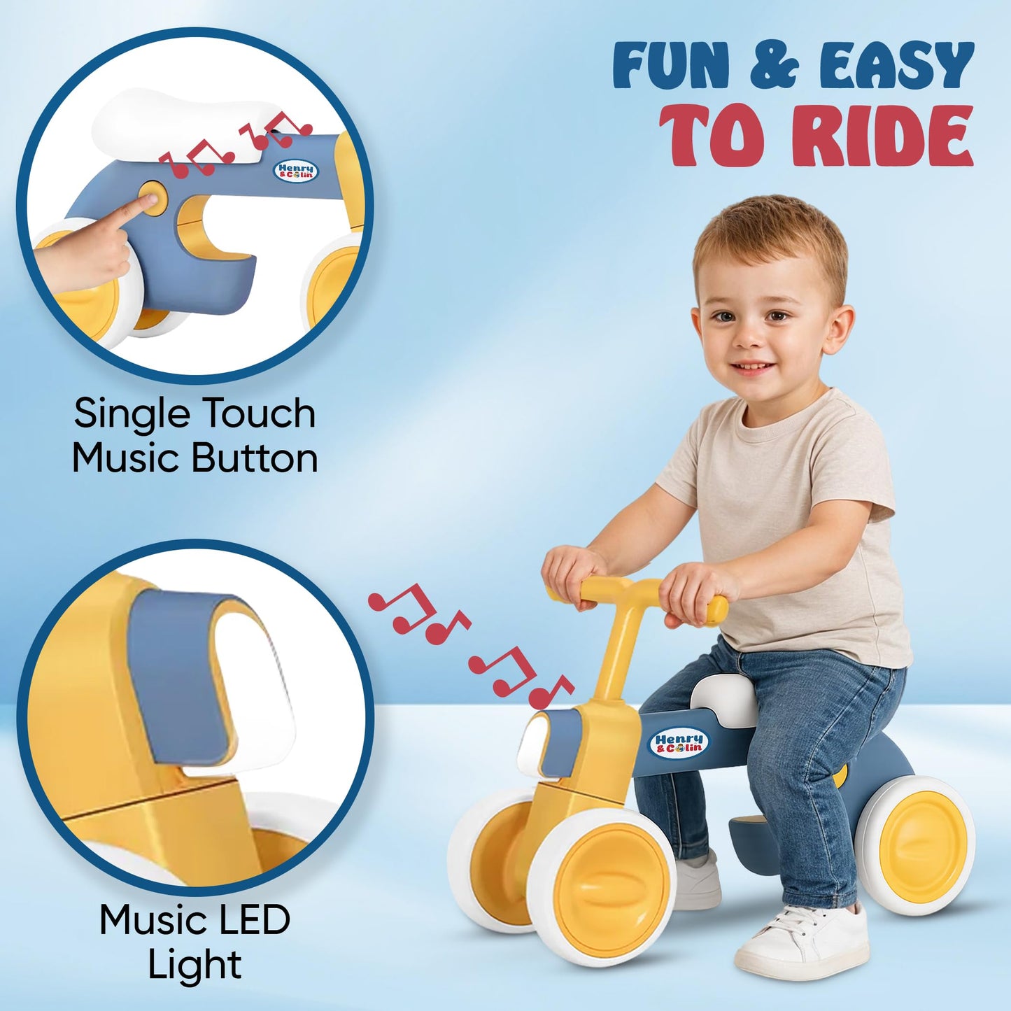 Henry & Colin Baby Balance Bike for Kids - No Pedal 4 Silence Wheels & Soft Seat First Bike, Toddler Walker for Boys & Girls, with Light, Music for 1-3 Year Olds (Blue)