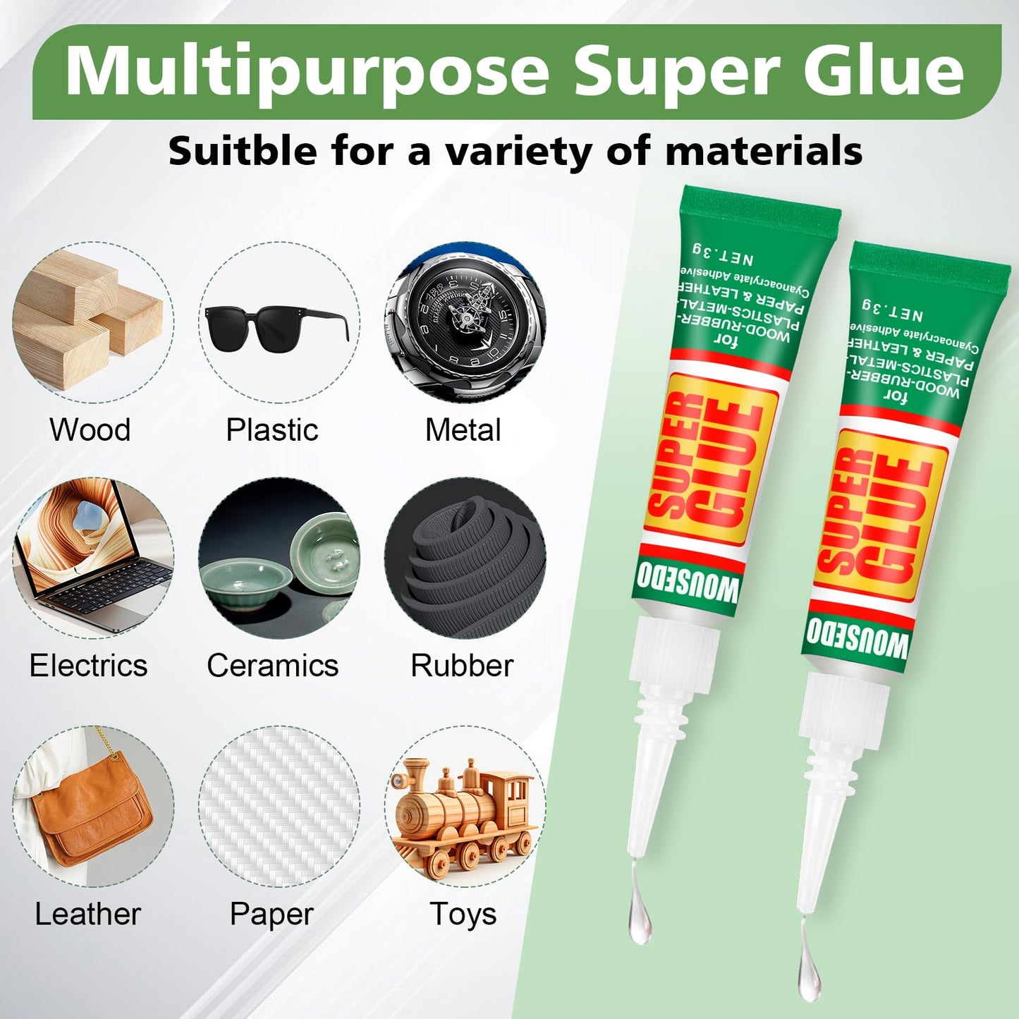 WOUSEDO 12 X 3g Super Glue Clear, Strong Adhesive,Super Glue Fast Drying Cyanoacrylate Glue for Wood,Rubber,Leather, Plastic, Metal, Rhinestone Jewelry, DIY Crafts and More