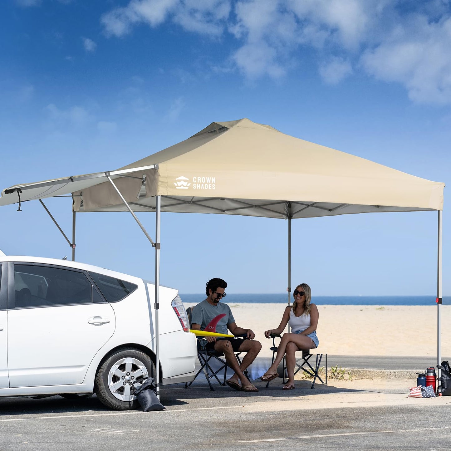 CROWN SHADES 10x10 Pop up Canopy Tent, Instant Commercial Canopy with Extend Awning, Patended Centerlock, 150D Silver Coated Fabric, 4 Ropes, 8 Stakes, 4 Weight Bags, STO 'N Go Bag, Khaki