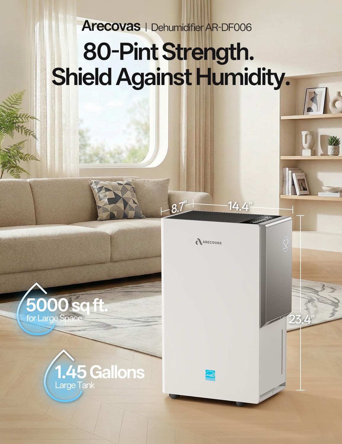 5000 Sq.Ft Energy Star Most Efficient 2026 Dehumidifier, Arecovas Max 80 Pint/Day Dehumidifier for Basement with Drain Hose, Intelligent Humidity Control for Home Bathroom Garage Bedroom