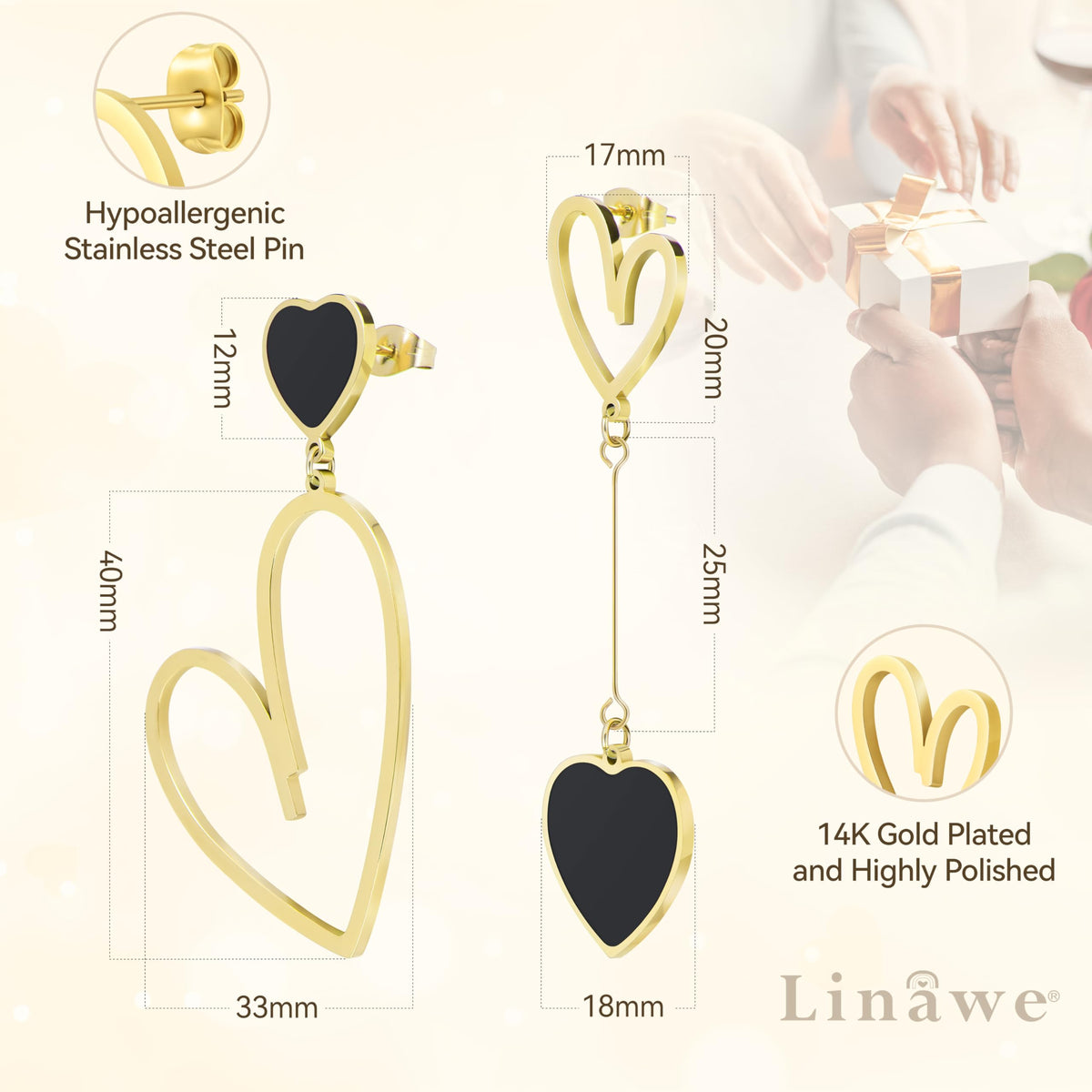 Linawe Gold Black Heart Dangle Earrings for Women Trendy, Asymmetrical Mismatched Cute Drop Earrings Dangling, Titanium Stainles