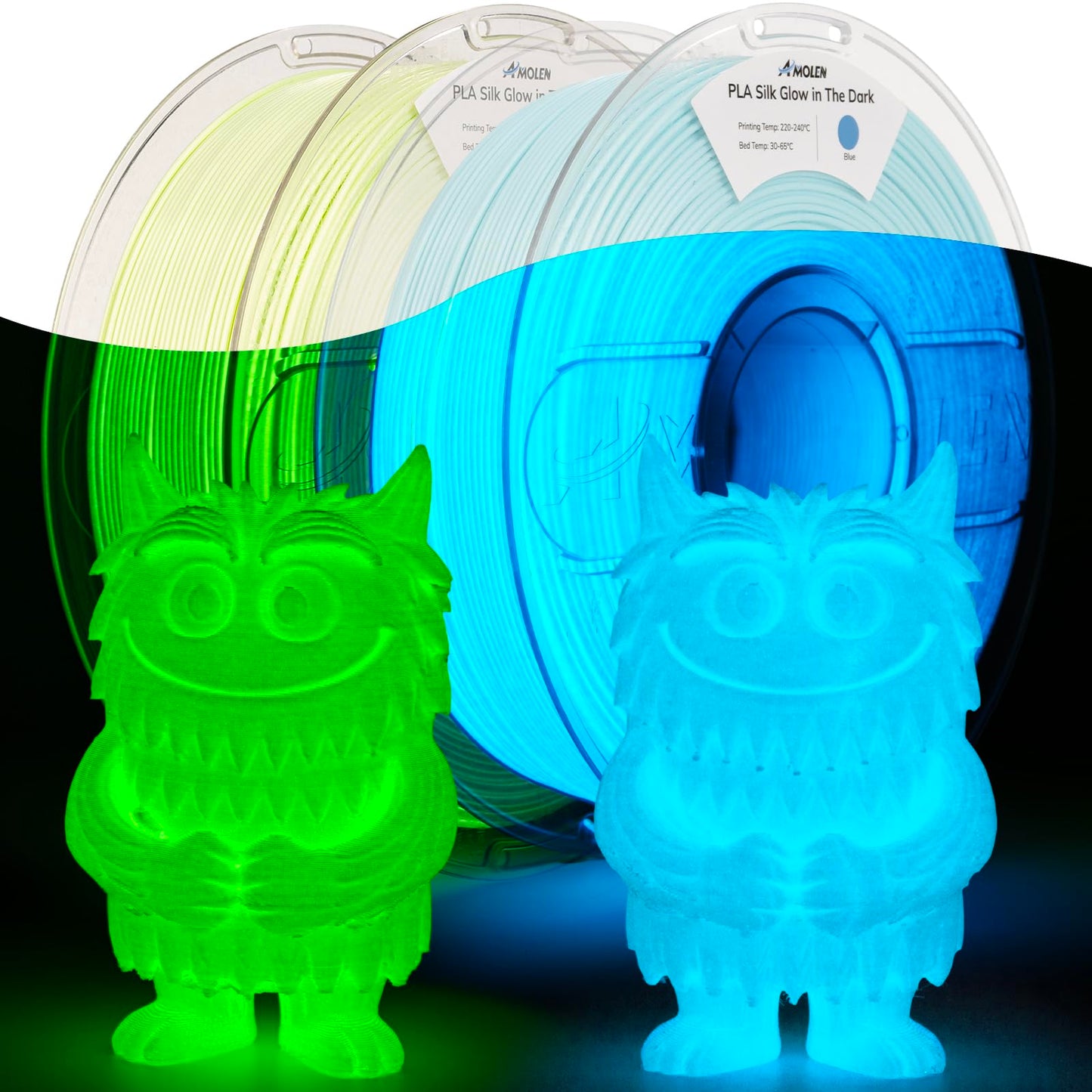 AMOLEN Glow in The Dark Filament Silk Pla, Silk & Glow Blue 2 in 1 Silk Glow Blue& Silk Glow Green, Best with UV Lamps, Dimensio
