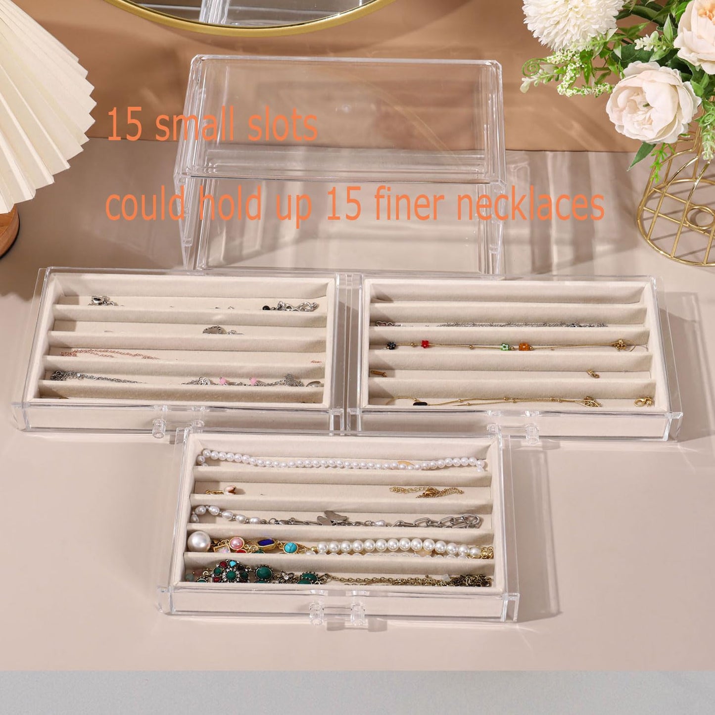 CLUQMEIK Necklace Organizer Box with Clear Lid, Dustproof Velvet Jewelry Holder Storage Display Case, Stackable Acrylic Necklace Tray Drawer Insert for Women and Girls (Beige,3 Drawers)