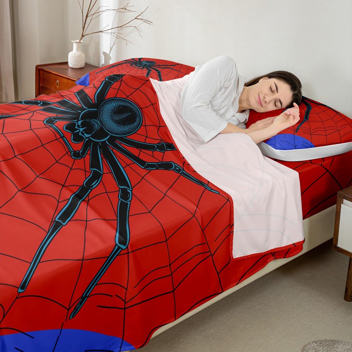 Spider Web Kids Sheet Queen Size,Black Spider Arachnid Insect Animals Bedding Set,Boys Girls Women Men Room Decor,Happy Halloween Red Blue Fashion Bed Sheet Set 4pcs(Fitted + Flat + 2 Pillowcases)