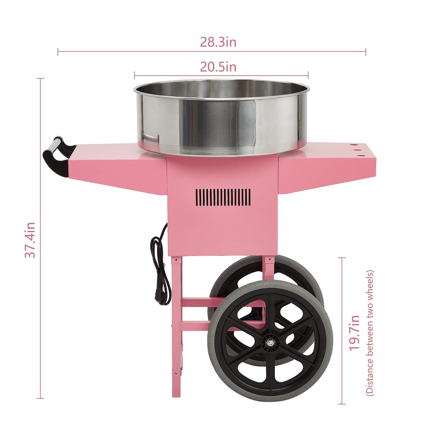 RIEDHOFF Cotton Candy Machine with Cart, Electric Cotton Candy Maker with 20 inch Stainless Steel Bowl for Family, Party, Amusement Park, Carnival- Pink