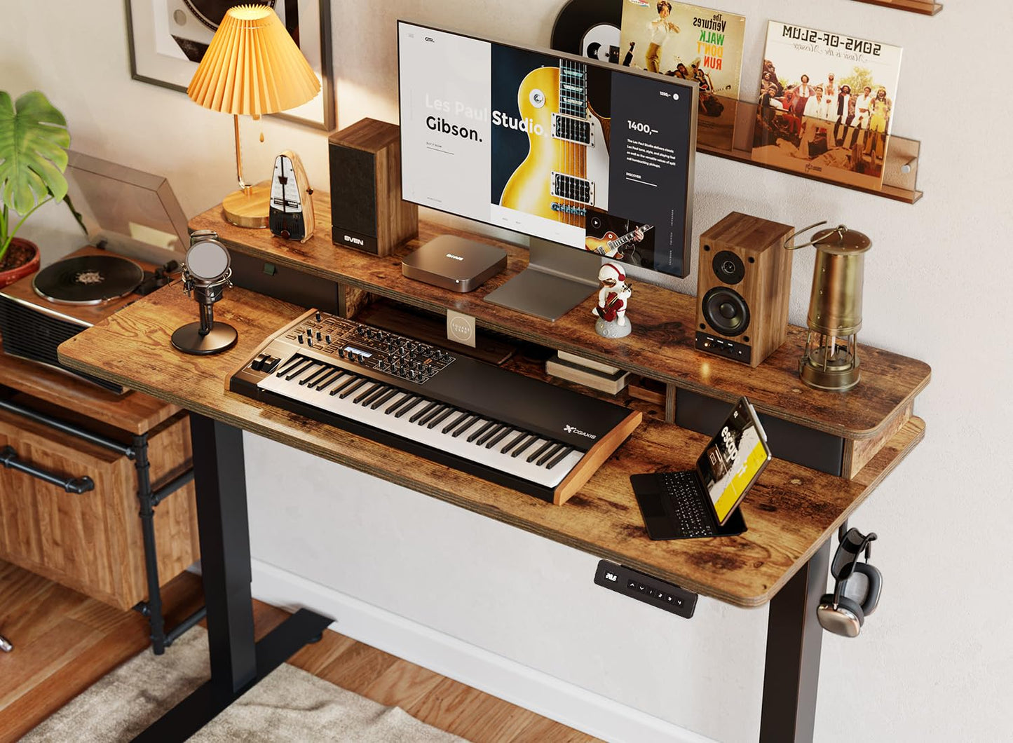 BANTI 48x24 Inch Electric Standing Desk with Dual Drawers, Height Adjustable Stand Up Table, Sit Stand Home Office Desk with Storage Shelf, Black Frame/Rustic Brown Top