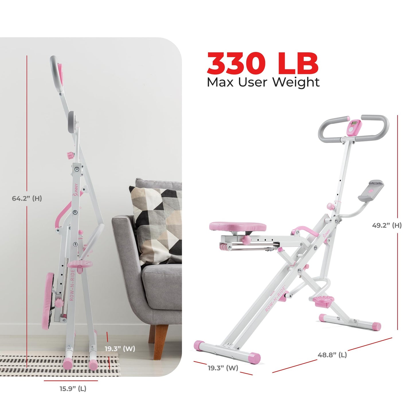 Sunny Health & Fitness Pink Row-N-Ride Plus, Squat Assist Trainer for Glutes and Full Body Workout, 330 LB Capacity, Adjustable Resistance, Padded Seat, and Free Access to SunnyFit App - P2100SMART