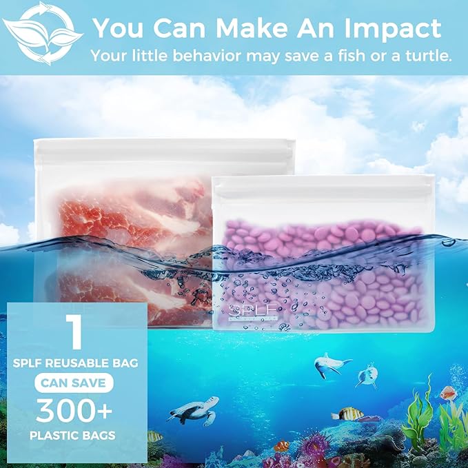 SPLF 6 Pack Reusable Half Gallon Freezer Bags, Reusable Food Storage Bags, Bpa Free Stand Up Extra Thick Leakproof Silicone and Plastic Free Zipper Sandwich Snack Lunch Bags