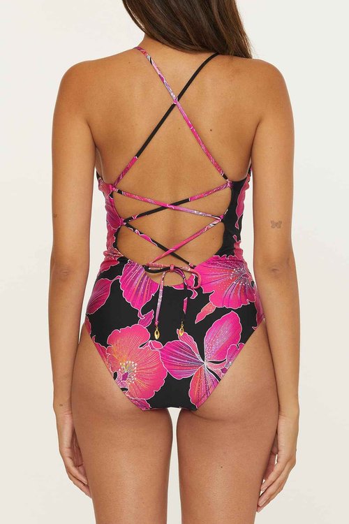 Trina Turk Women's Standard Fleury One Piece Swimsuit, Plunge Neck, Floral Print, Adjustable, Tie Back, Bathing Suits, Multicolor