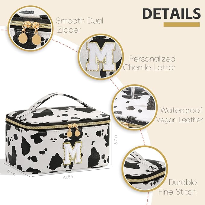 Meiyuuo Makeup Bag Large Cosmetic Bags for Women Girls Cute Travel Zipper Pouch Toiletry Organizer for Beauty Essentials Waterproof (Cow Print Initial Letter M)