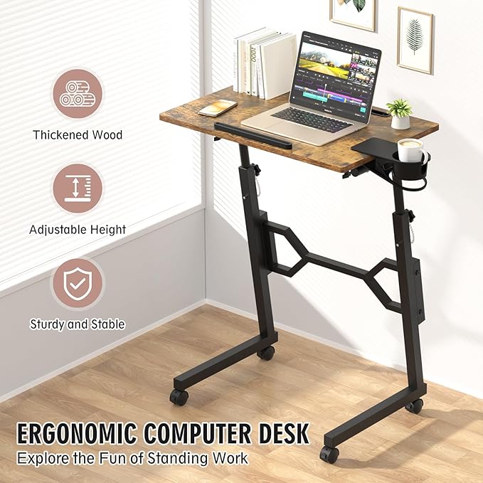Enayplon Small Standing Desk with Wheels, Portable Treadmill Desk, Rolling Desk Adjustable Height for Laptop, Mobile Standing Table for Walking Pad, Bedside Table
