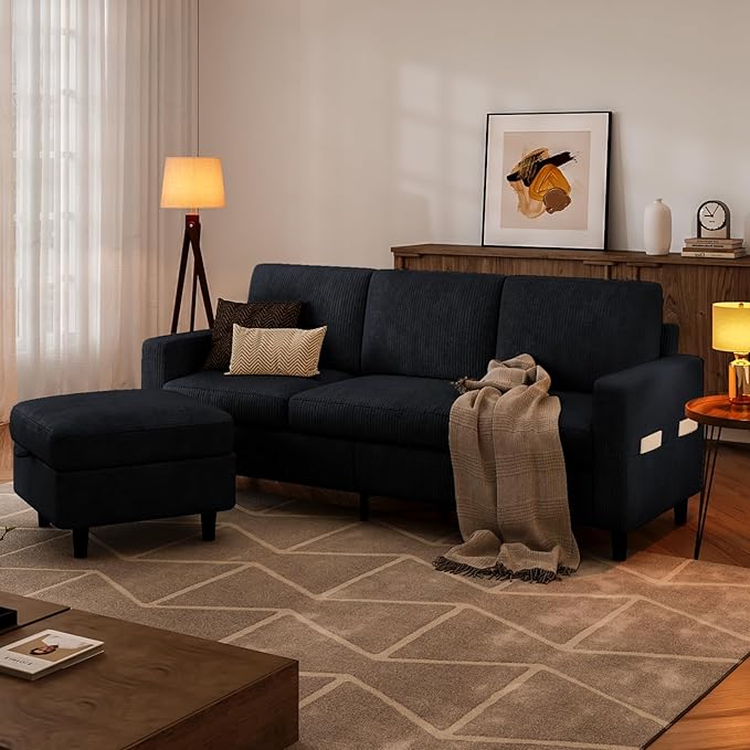 POYISOU Sectional Couches for Living Room, L Shaped Couch with Storage Ottoman, Small Sofa Corduroy Couch with Side Pockets, Modern 3 Seater Convertible Sofa for Apartment, Office, Black