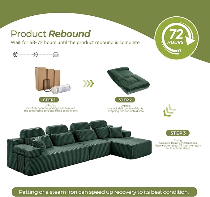 136" L-Shaped Cloud Modular Sectional Sofa with Chaise & Headrest, Boneless Deep Seat Plush Corduroy Couches for Large Living Room, No Assembly Required (Green, 136" L-shapred Chaise)