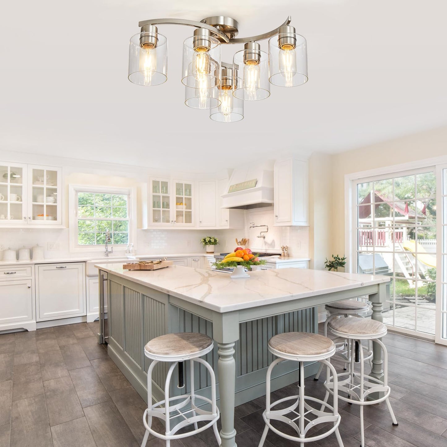 Brushed Nickel Flush Mount Ceiling Light, Kitchen Lighting Fixtures Ceiling, 6-Light Dining Room Light Fixture with Clear Glass Shade, Modern Ceiling Light Fixture for Bedroom, Living Room, Entryway