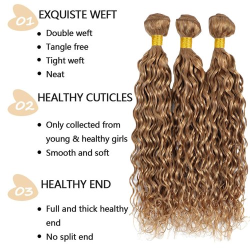 Habiliana Bundles Human Hair 18 20 22 Inch Water Wave Brown 27 Human Hair Bundles 11A Unprocessed Brazilian Virgin Quick Weave Hair Extensions for Black Women