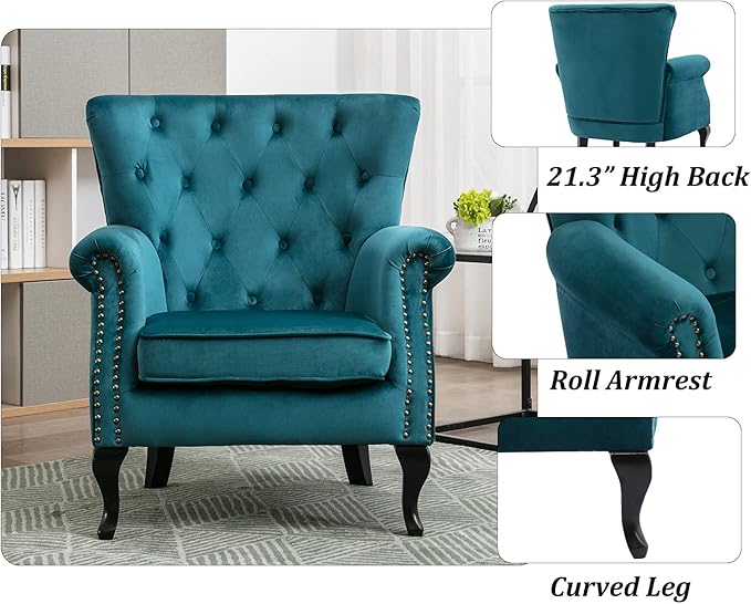 DM Furniture Mid Century Accent Chair Modern Button Tufted Armchair Wingback Club Chair Velvet Single Sofa Lounge Chair with Pillow for Living Room Bedroom, Teal Blue